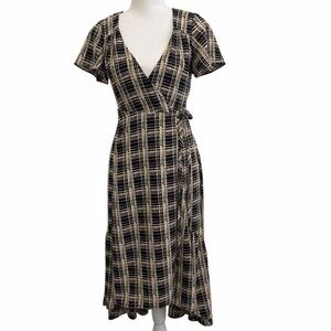 Urban Outfitters Wrap Checked Midi Dress Black/Cream Size XS Ruffle Hemline